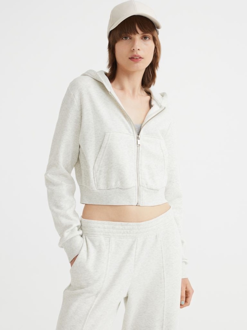 H&M Light Gray Zip-Up Cropped Hoodie